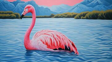 AI generated pink flamingo on the lake, pink flamingo swimming on the water, close-up of a beautiful pink flamingo photo