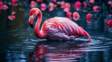 ai generado rosado flamenco en el lago, rosado flamenco nadando en el agua, de cerca de un hermosa rosado flamenco foto