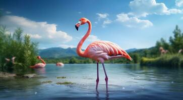 AI generated pink flamingo on the lake, pink flamingo swimming on the water, close-up of a beautiful pink flamingo photo