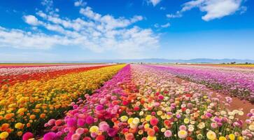 AI generated field of flowers, flowers in the field, colored flowers under the sky, colored flowers, flowers field photo