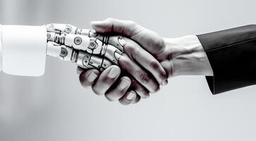 AI generated business handshake on the blurred background, business handshake on the background of the people, handshake of people and bionic robot photo