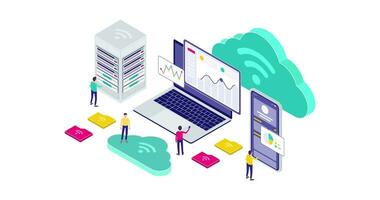 isométrica nube tecnología moderno movimiento gráfico animación. minúsculo personas utilizando computadora portátil, móvil aplicación, y mantenimiento servidor a gestionar nube tecnología. video