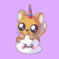 linda unicornio gato sentado en un nube vector