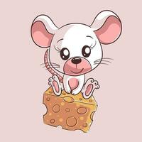 Cute mouse sitting on cheese vector