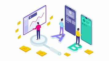 isometrico ab analisi metodo moderno movimento grafico animazione. minuscolo persone persone uso computer portatili e telefoni per fare ab test. video