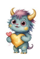 ai généré valentines journée graphique de une mignonne monstre avec une Jaune cœur png