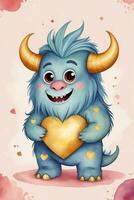 AI generated Valentines Day graphics of a cute monster with a yellow heart photo