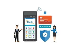 Vector illustration of online mobile banking and mobile payments. Transaction security and secure payments with men and women