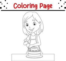 Coloring page girl decorating cake vector