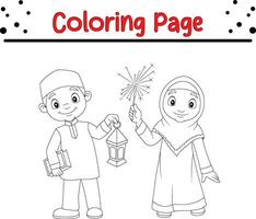 Coloring page happy Muslim kid vector