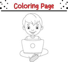 Coloring page boy using laptop vector