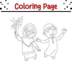 Coloring page happy Muslim kid vector