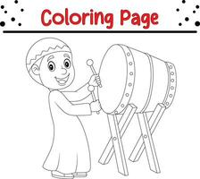 Coloring page Muslim boy hitting Bedug vector