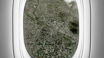 satellitare santiago carta geografica sfondo ciclo continuo. aereo salone passeggeri posto a sedere finestra Visualizza. Filatura in giro chile città aereo cabina aria filmato. senza soluzione di continuità panorama mosche al di sopra di terreno sfondo. video