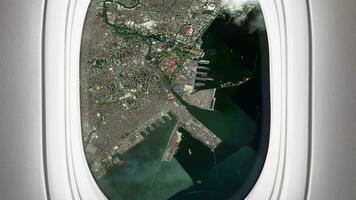 Satellite Manila map background loop. Airplane salon passenger seat window view. Spinning around Philippines city plane cabin air footage. Seamless panorama flies over terrain backdrop. video