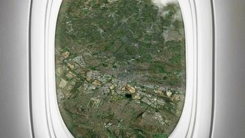 Satellite Johannesburg map background loop. Airplane salon passenger seat window view. Spinning around South Africa city plane cabin air footage. Seamless panorama flies over terrain backdrop. video