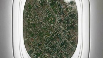 Satellite Shanghai map background loop. Airplane salon passenger seat window view. Spinning around China city plane cabin air footage. Seamless panorama flies over terrain backdrop. video