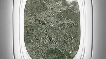 Satellite Los Angeles map background loop. Airplane salon passenger seat window view. Spinning around United States city plane cabin air footage. Seamless panorama flies over terrain backdrop. video