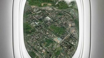 Satellite Shenzhen map background loop. Airplane salon passenger seat window view. Spinning around China city plane cabin air footage. Seamless panorama flies over terrain backdrop. video