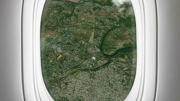 Satellite Pune map background loop. Airplane salon passenger seat window view. Spinning around India city plane cabin air footage. Seamless panorama flies over terrain backdrop. video