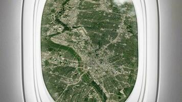 satelliet Toronto kaart achtergrond lus. vliegtuig salon passagier stoel venster visie. spinnen in de omgeving van Canada stad vlak cabine lucht filmmateriaal. naadloos panorama vliegt over- terrein achtergrond. video