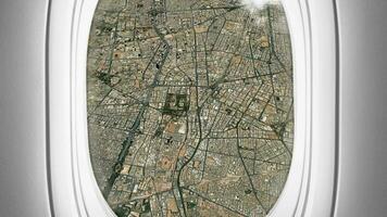 satellitare riyadh carta geografica sfondo ciclo continuo. aereo salone passeggeri posto a sedere finestra Visualizza. Filatura in giro Arabia arabia città aereo cabina aria filmato. senza soluzione di continuità panorama mosche al di sopra di terreno sfondo. video