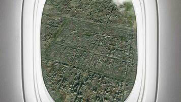 Satellite Xi an map background loop. Airplane salon passenger seat window view. Spinning around China city plane cabin air footage. Seamless panorama flies over terrain backdrop. video