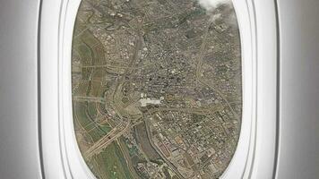 Satellite Toronto map background loop. Airplane salon passenger seat window view. Spinning around Canada city plane cabin air footage. Seamless panorama flies over terrain backdrop. video