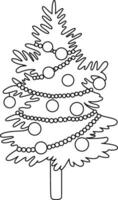 Cute hand drawn doodle Christmas tree adorned with lights, baubles, and stars. It features gifts under the tree and serves as a festive decoration for Christmas and New Year celebrations vector