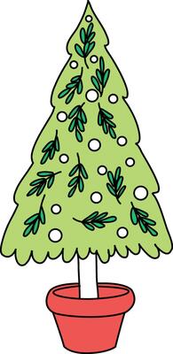 Cute hand-drawn cartoon Christmas tree adorned with lights, baubles, and stars. It features gifts under the tree and serves as a festive decoration for Christmas and New Year celebrations