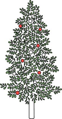Cute hand-drawn cartoon Christmas tree adorned with lights, baubles, and stars. It features gifts under the tree and serves as a festive decoration for Christmas and New Year celebrations
