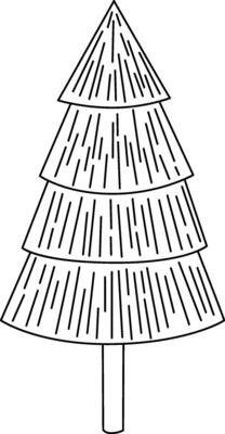 Cute hand drawn doodle Christmas tree adorned with lights, baubles, and stars. It features gifts under the tree and serves as a festive decoration for Christmas and New Year celebrations