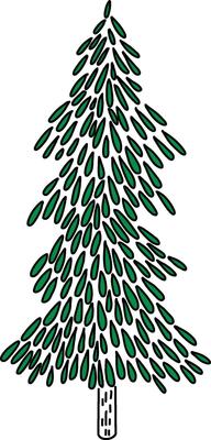 Cute hand-drawn cartoon Christmas tree adorned with lights, baubles, and stars. It features gifts under the tree and serves as a festive decoration for Christmas and New Year celebrations