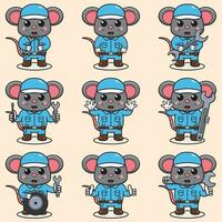 Mascot cartoon of cute Mouse wearing mechanic uniform and cap. Cute Mouse illustration. Character animal. Mechanic cartoon set. Vector illustration in isolated background.