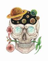 Surrealist art skull of the universe design by hand watercolor painting. vector