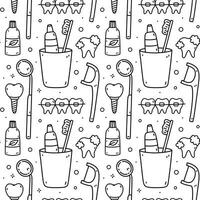 Seamless pattern with dental items - mouthwash, toothbrush, toothpaste, teeth, implants, braces. Oral hygiene. Vector hand-drawn doodle illustration. Perfect for print, wallpaper, decorations.