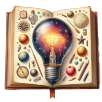 ai gegenereerd gloeiend licht lamp Aan opening boek of leerboek naar zelf aan het leren onderwijs kennis of bedrijf aan het studeren idee denken concept Aan PNG transparantie