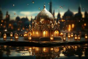 AI generated Night View Image of Ramadan Kareem Eid Mubarak Mosque, Bright Stars, Generative AI photo