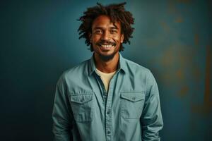 AI generated Realistic Photo of Smiling Afro American Man Standing in Paint Shirt Generative AI