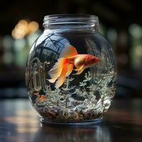 AI generated Realistic Image of Golden Fish in High Quality Glass Bowl with Plants Generative AI photo