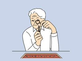 Elderly man jeweler examines diamond through magnifying glass checking gems for authenticity. Gray-haired worker in jewelry workshop chooses diamond to create necklace or engagement ring. vector