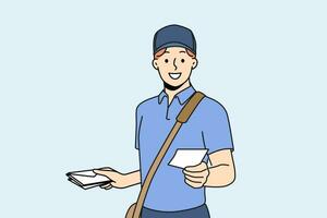 Guy works as postman and with smile holds out envelope with letter to screen, offering to use delivery correspondence. Man in postman clothes makes career in courier service or national postal company vector