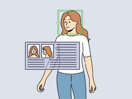 Questionnaire near woman with circled face symbolizes facial recognition using video surveillance with artificial intelligence. Technology of tracking people through video surveillance system with AI vector