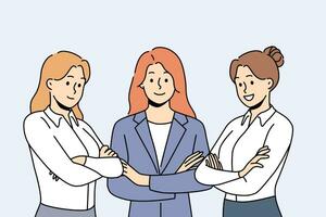 Successful business women stand with arms crossed and show confidence in professionalism. Three successful female office workers work as team and advise clients on management issues vector