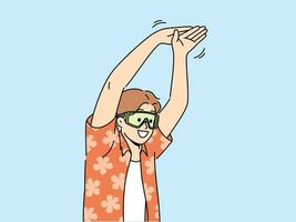 Man tourist stands in pose of swimmer wanting to dive into pool or sea during summer vacation. Young happy guy in goggles for swimming and summer shirt getting ready to jump in sea water vector