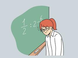 Schoolgirl standing near chalkboard gets, upset because doesnt know solution of mathematical example and needs help of tutor. Girl is having trouble getting elementary school mathematical education vector