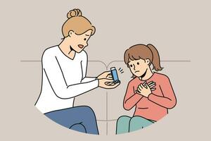 Girl suffering from asthma sits near mother with inhaler during allergic attack that makes it difficult to breathe. Caring woman helping daughter cope with asthma taking care of health of minor child vector