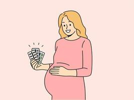 Pregnant woman holds blisters of pills and vitamins to support immunity of baby in womb. Pregnant expectant mother recommends taking useful medicines to get rid of health problems. vector