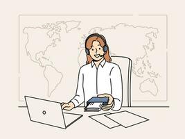 Woman manager of travel agency sits at office desk and holds passport with visas and plane tickets. Tour operator company representative in headphones near giant map of world helps to travel vector