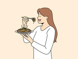 Woman stands with plate of spaghetti in hands and eats italian dish enjoying taste of pasta. Girl eats pasta to satisfy hunger and rejoice at opportunity to try delicious high-calorie food vector